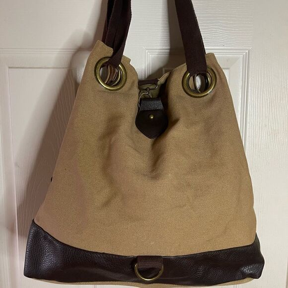 Magellan Outdoors khaki canvas large shoulder bag with brown faux leather trims - Picture 1 of 11